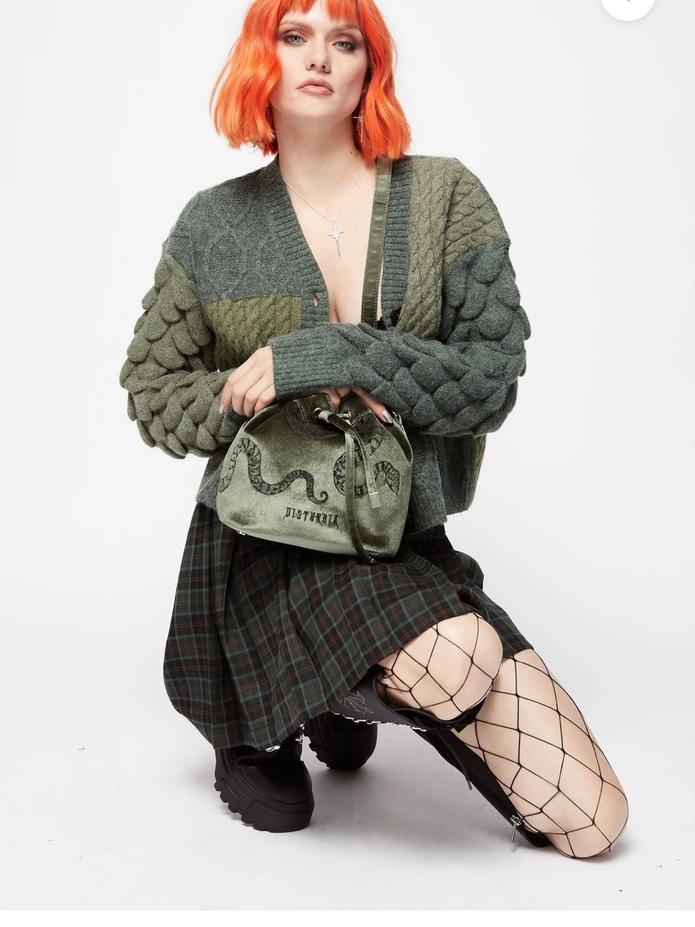 Disturbia Olive Green Velvet Drawstring Snake Bucket Bag - Picture 5 of 13